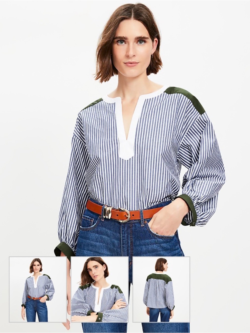 Loft Striped V-Neck Blouse with Olive Trim - Women Sz XS